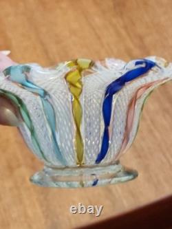 Vintage Murano Latticino Ribbon Gold Adventurine Footed Glass Bowl, Candy Dish