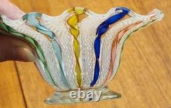 Vintage Murano Latticino Ribbon Gold Adventurine Footed Glass Bowl, Candy Dish