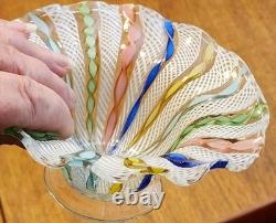 Vintage Murano Latticino Ribbon Gold Adventurine Footed Glass Bowl, Candy Dish