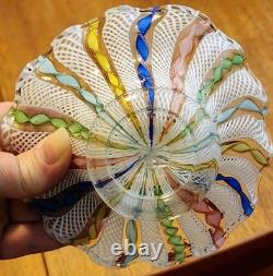 Vintage Murano Latticino Ribbon Gold Adventurine Footed Glass Bowl, Candy Dish