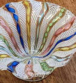 Vintage Murano Latticino Ribbon Gold Adventurine Footed Glass Bowl, Candy Dish