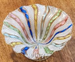 Vintage Murano Latticino Ribbon Gold Adventurine Footed Glass Bowl, Candy Dish