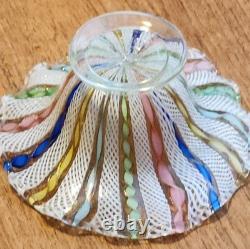 Vintage Murano Latticino Ribbon Gold Adventurine Footed Glass Bowl, Candy Dish