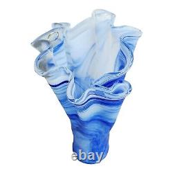 Vintage Murano Lavorazione Arte Large Blue White Swirl Art Glass Vase 15.5 Inch