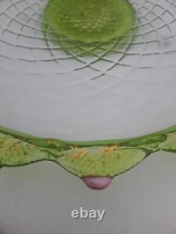 Vintage Murano Lime Green Gold Infused Pink Rosettes Optic Low Cake Stand