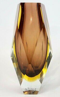 Vintage Murano Mandruzzato Crystal Amber Faceted HEAVY Glass 8 Flower Bud Vase