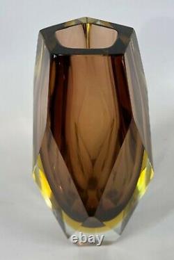 Vintage Murano Mandruzzato Crystal Amber Faceted HEAVY Glass 8 Flower Bud Vase