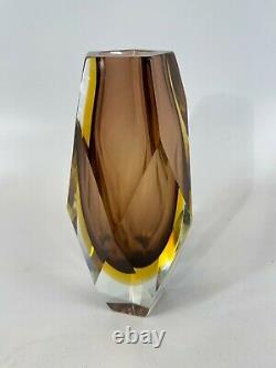 Vintage Murano Mandruzzato Crystal Amber Faceted HEAVY Glass 8 Flower Bud Vase