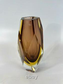 Vintage Murano Mandruzzato Crystal Amber Faceted HEAVY Glass 8 Flower Bud Vase