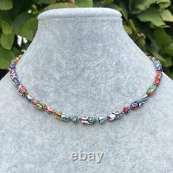 Vintage Murano Millefiori Art Glass Beaded Necklace Knotted 17.5'' Multicolor
