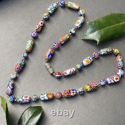 Vintage Murano Millefiori Art Glass Beaded Necklace Knotted 17.5'' Multicolor