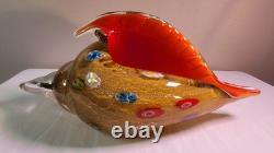 Vintage Murano Millefiori Conch Shell Art Glass Gold & Silver Flecks 10.25