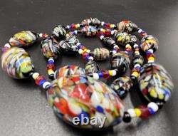 Vintage Murano Millefiori Glass Bead Necklace Black Base, Multicolour Confetti