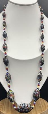 Vintage Murano Millefiori Glass Bead Necklace Black Base, Multicolour Confetti