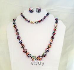 Vintage Murano Millefiori Glass Bead Necklace Earrings Set