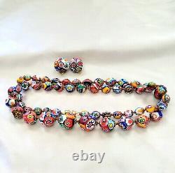 Vintage Murano Millefiori Glass Bead Necklace Earrings Set