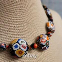 Vintage Murano Millefiori Glass Beaded Necklace Multicolored 18