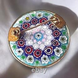 Vintage Murano Millefiori Glass Brooch Colorful Kaleidoscope Sterling Vermeil