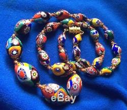 Vintage Murano Millefiori Gloss Glass Beaded Knotted Necklace 53 Gm -Wed Bride