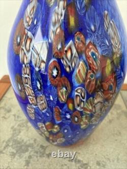 Vintage Murano Millefiori Vase Italy Art Glass Blue Multi Colored Heavy