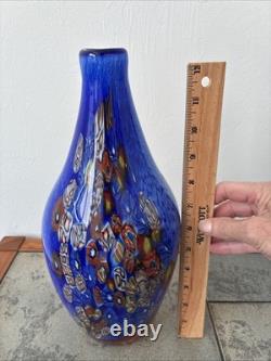Vintage Murano Millefiori Vase Italy Art Glass Blue Multi Colored Heavy