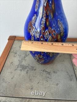 Vintage Murano Millefiori Vase Italy Art Glass Blue Multi Colored Heavy Vintage Murano Millefiori Vase Italy Art Glass Blue Multi Colored Heavy