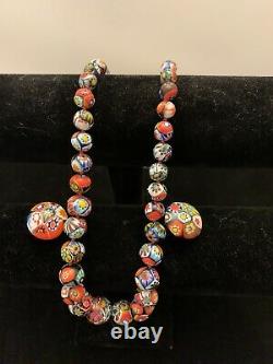 Vintage Murano Millefiori Venetian Art Glass Round Bead Necklace & Earring Set