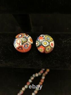 Vintage Murano Millefiori Venetian Art Glass Round Bead Necklace & Earring Set