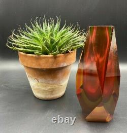 Vintage Murano Multi Faceted Glass Art Vase Pink / Amber