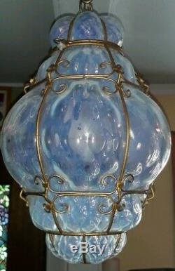 Vintage Murano Opalescent Art Glass Caged Light Fixture Pendant Lamp