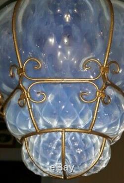 Vintage Murano Opalescent Art Glass Caged Light Fixture Pendant Lamp