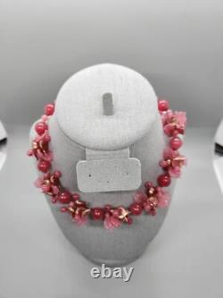 Vintage Murano Opaline Art Glass Pink Duck Bead Necklace Gold Dust Brass Spacers