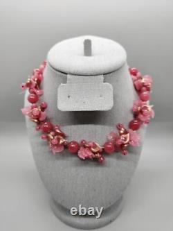 Vintage Murano Opaline Art Glass Pink Duck Bead Necklace Gold Dust Brass Spacers