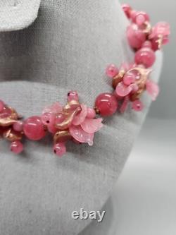 Vintage Murano Opaline Art Glass Pink Duck Bead Necklace Gold Dust Brass Spacers