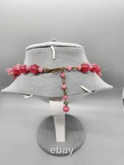 Vintage Murano Opaline Art Glass Pink Duck Bead Necklace Gold Dust Brass Spacers
