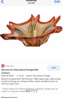 Vintage Murano Orange/Red Bowl Italy Mid Century Mod Glass Stunning See Details