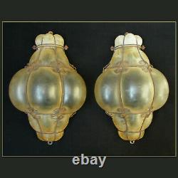 Vintage Murano Pair Wall Sconces Light Hand Blown Caged Glass Scavo Antique