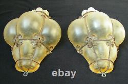 Vintage Murano Pair Wall Sconces Light Hand Blown Caged Glass Scavo Antique