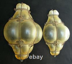 Vintage Murano Pair Wall Sconces Light Hand Blown Caged Glass Scavo Antique