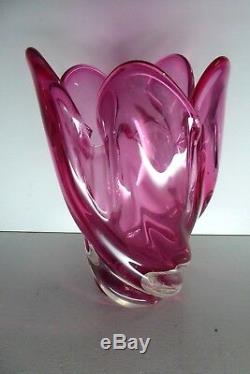 Vintage Murano Pink Cased Art Glass Vase Heavy MID Century Decorative
