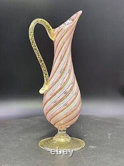 Vintage Murano Pink Ribbon Latticino Gold Flakes Italian Art Glass Pitcher 9