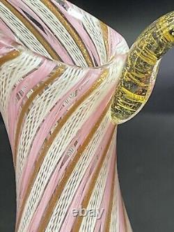 Vintage Murano Pink Ribbon Latticino Gold Flakes Italian Art Glass Pitcher 9