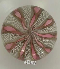 Vintage Murano Pink White Gold Ribbon Lattice Paperweight with Sticker