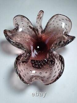 Vintage Murano Purple Bullicante Art Glass Leaf Shape Bowl. Seguso