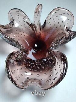 Vintage Murano Purple Bullicante Art Glass Leaf Shape Bowl. Seguso