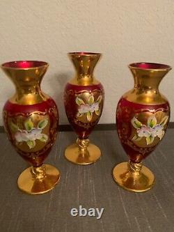 Vintage Murano Red Glass with 24k Gold SET OF THREE Vases Trefuochi Hand Painted