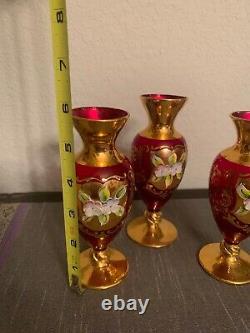 Vintage Murano Red Glass with 24k Gold SET OF THREE Vases Trefuochi Hand Painted