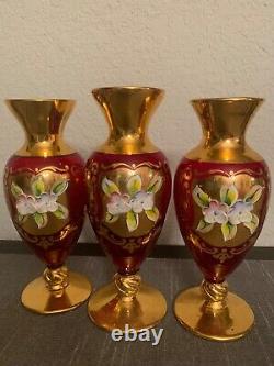 Vintage Murano Red Glass with 24k Gold SET OF THREE Vases Trefuochi Hand Painted