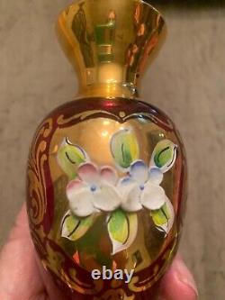 Vintage Murano Red Glass with 24k Gold SET OF THREE Vases Trefuochi Hand Painted