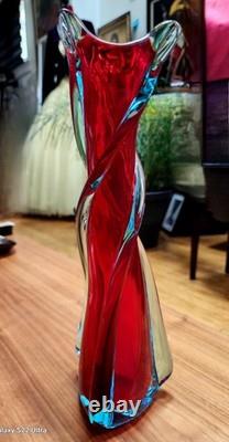 Vintage Murano Red and Blue Hand Blown & Twisted Glass Vase